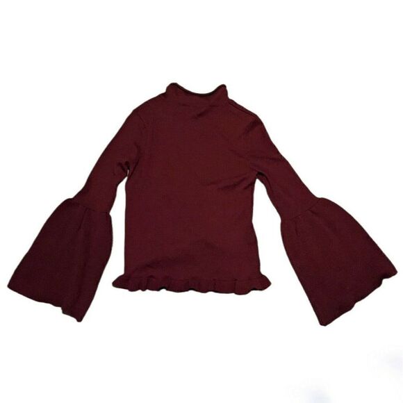 Knit & Lynk Bell Sleeve Sweater Maroon Red Wool Blend Ruffle Hem High Neck M - Picture 2 of 6